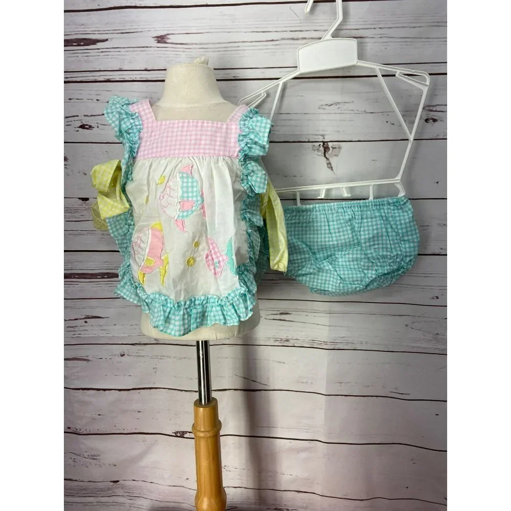 Broadway Kids Aqua Pink Gingham Smock Fish Tie Side Size 18 Months Two Piece Set
